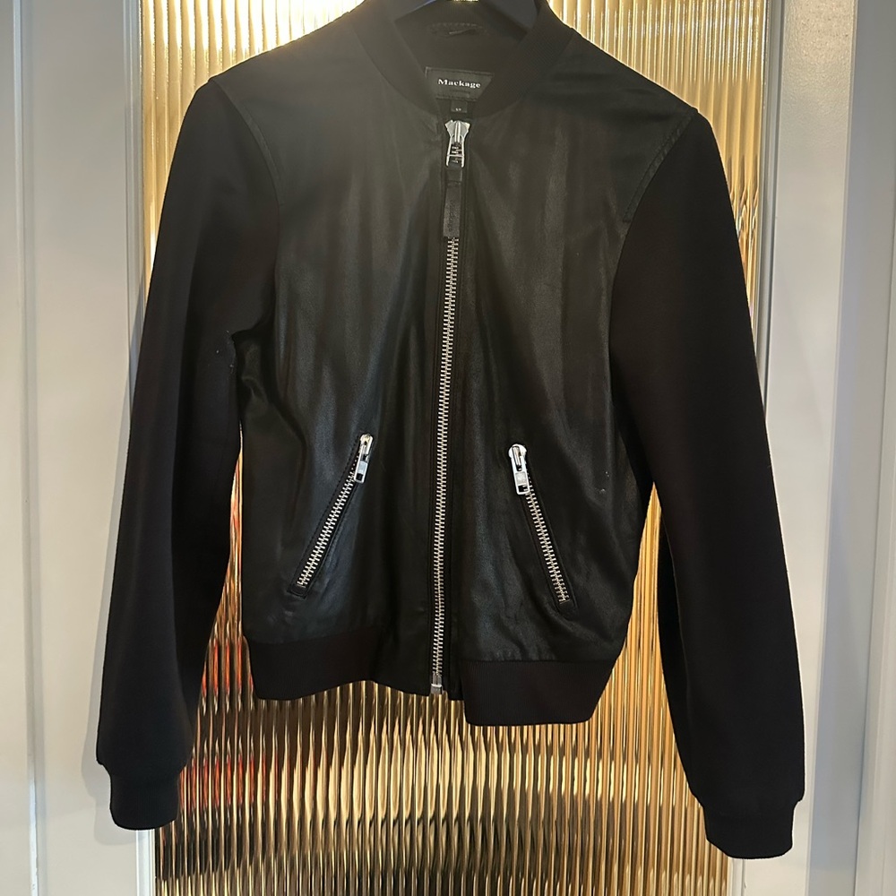 Mackage Black Bomber Jacket with Metallic Zippers
